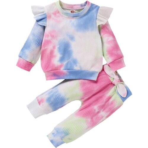 2020 New Fall Autumn Baby Girls 2Pcs Outfits Colorful Tie Dye Print Ruffle Long Sleeve Top+Bowknot Pants Set Children Outfit