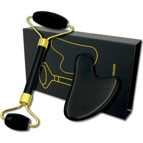 1Set Natural Black Obsidian Massage Roller Double Head Jade Facial Massager Board Manual Skin Care Tool Set Face Lifting Tool