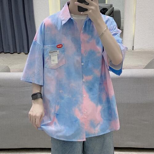 Tie-Dye Print Short-Sleeved Shirts Men Harajuke Loose Thin Shirt Men Casual Single Breasted Tops Plus Size
