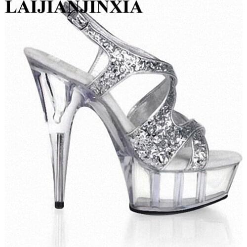 LAIJIANJINXIA 15CM Nightclub Sexy crystal high heels romantic sweet slipper shoes model show shoes/party Dance Women Shoes