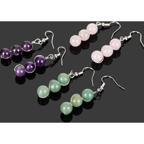 Natural Stone Earring Three Beads Amethyst Rose Quartz Green Aventurine DIY Handmade Simple Drop Earrings Jewelry