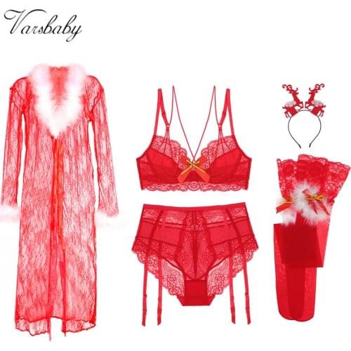 Varsbaby sexy lace christmas big red 5 pcs bras+panties+stockings+antler headband+robe bra and panty set