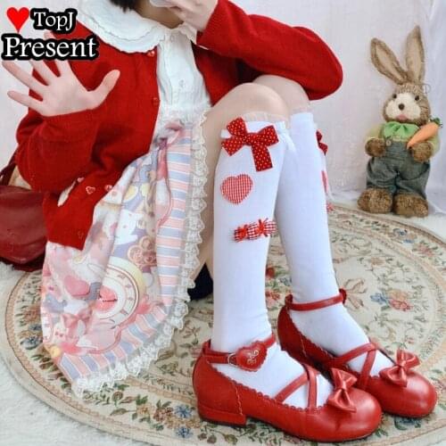 Japanese Kawaii Lolita Girl Socks heart bow Sweet Lolita cosplay Stockings JK Girl Calf Frilly Lolita Christmas Party stockings