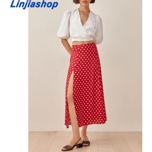 Dot Midi Skirt Vintage Chic Summer Women Pleated Skirts Casual Chic Split Sexy Holiday Female Ladies Skirt