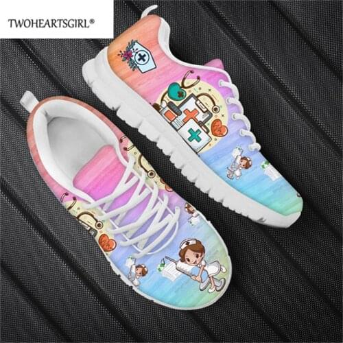 Cartoon Health Nursing Shoes for Women Cartoon Sketch Nurse Sneakers Colorful Lace-Up Flats Casual Ladies Mesh Shoe Footwear