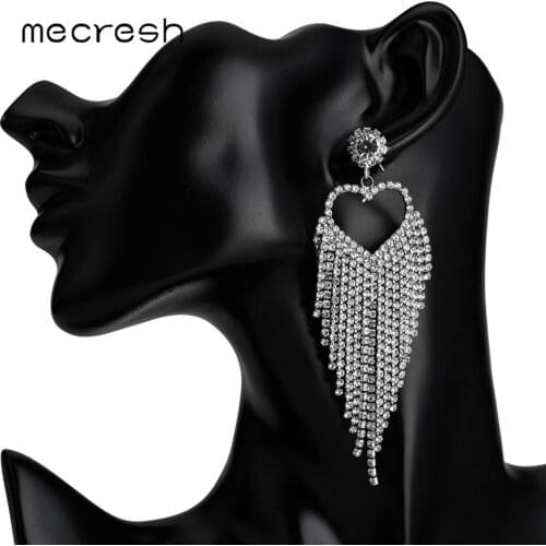 Mecresh Rhinestone Crystal Big Long Tassel Earrings for Women Silver Color Elegant Heart Drop Earrings Fashion Jewelry MEH1602