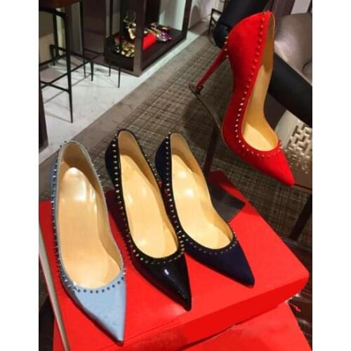 Moraima Snc Pointed Toe Stiletto Heels Sexy Rivets Studded Thin Heels Woman Shoes Thin heels Party Dress Shoe Black Red