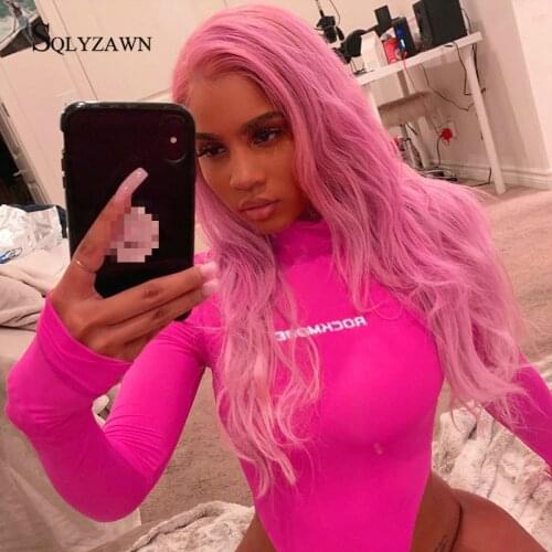 Turtleneck Letter Print Pink Long Sleeve Bodycon Bodysuit Female Sexy Streetwear Fall Skinny Romper Sweet Harajuku Club Overall