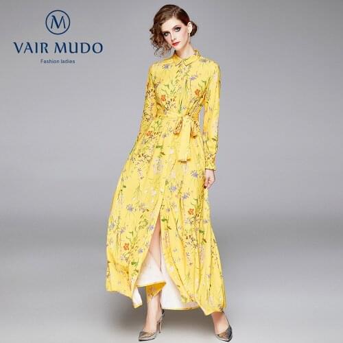 Women autumn winter dress fashion style yellow elegant Lapel single-breasted floral dress women Y-411