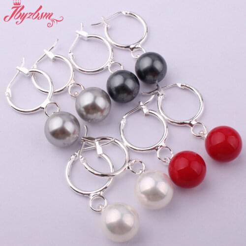 10mm Round Shell Beads Gem Stone White Tibetan Silver Dangle Huggie Fashion Style Women Earrings 1 Pair,Wholesale Free Shipping