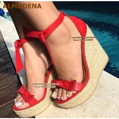 ALMUDENA Braided Wedge Heels Bowtie Sandals Plaited Platform Wedges Butterfly-knot Dress Shoes Lace-up Open Toe Gladiator Pumps
