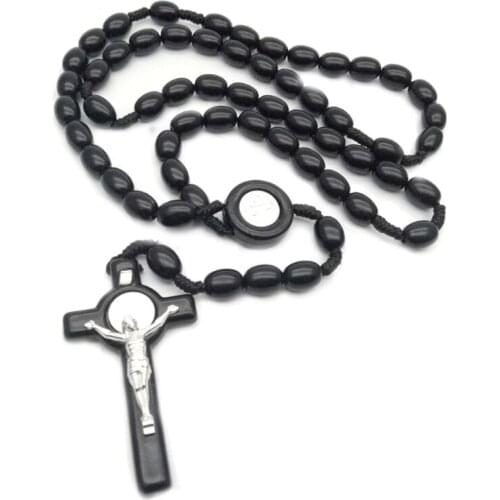 Jesus Wooden Beads 8mm Rosary Bead Cross Pendant Necklace Woven Rope Chain Jewelry Accessories 85LA