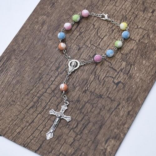 Childrens Colorful Virgin Mary Beads Rosary Bracelet Cross Icon Bracelet Kids Boys Girl Prayer First Confirmation Gifts Jewelry