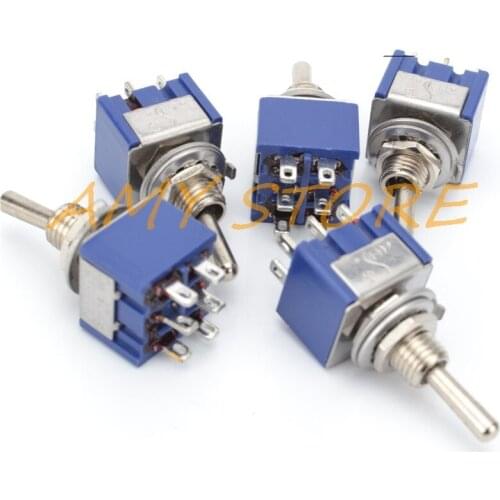 5Pcs DPDT ON-ON Blue Red Panel Mount 2 Position 6Pin Latch Mini Toggle Switch 125V/6A 5A 250V/3A 2A MTS-202 for Guitar Car Truck