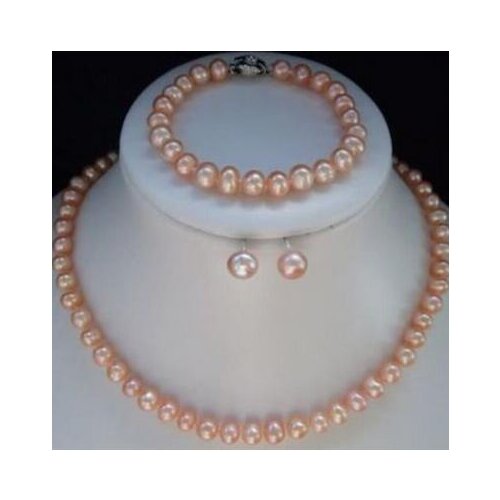 Faddish 8-9MM Natural Pink Cultured Pearl bracelets necklace earrings set Natural style jewelry brincosWomen Party