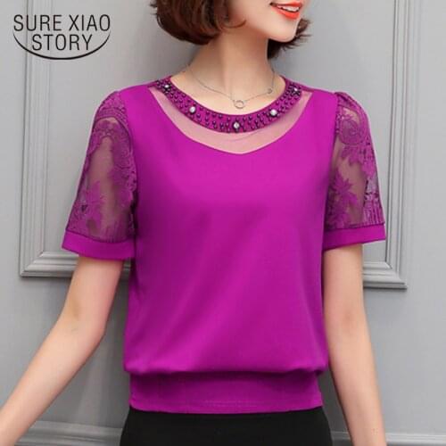 Hot sale 2021 Summer New Fashion Sweet Hollow Chiffon Shirt Short Sleeve Stitching Lace Blouse Female Sexy Women Tops 81H-A9 30