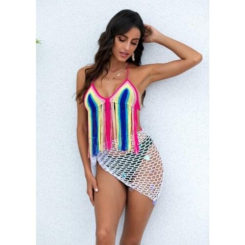 H80&S90 New Sexy Women Tassel Swimsuit Hand Crochet Bikini Tops Handmade Knit Swimwear Bra Bralette Female Beachwear Cover Up