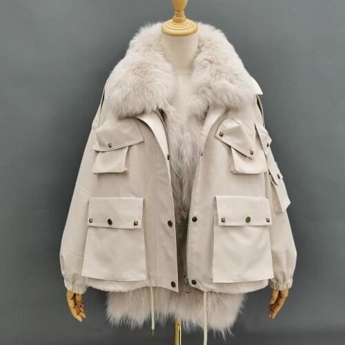 Janefur Women Fur Parka Winter Reversible Thick Jacket Detachable Fox Fur Lined Coat Oversize