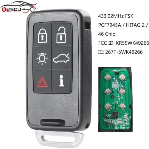 KEYECU Keyless-Go FSK 434MHz ID46 Smart Remote Key Fob 6B for VOLVO S60 S80 V40 V60 V70 XC60 XC70 2007-2016 FCC ID: KR55WK49266