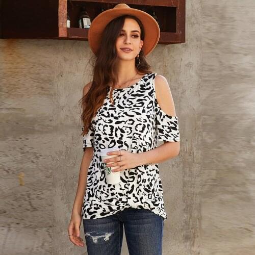 Short Sleeve Casual Cold Shoulder Twist Blouses S-2XL Off Shoulder Tops Womens T Shirt Leopard Print Tops