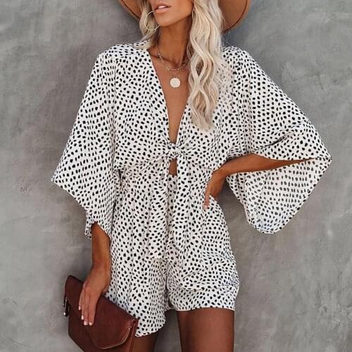 Summer Batwing Sleeve Women Jumpsuit Dot Print One-piece Tie-up Bow V Neck Loose Romper Lady Overalls Playsuits Casual Rompers