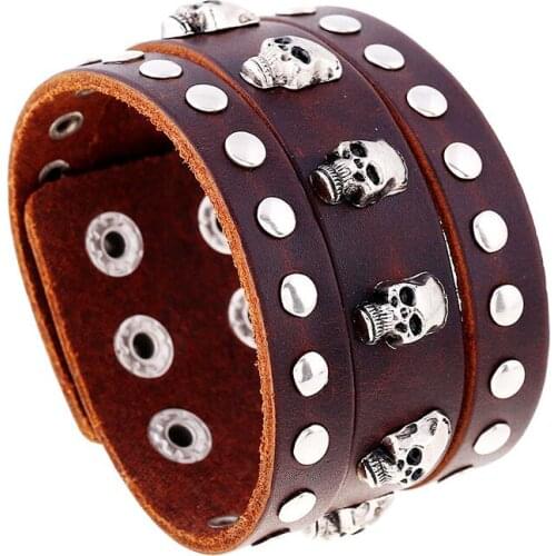 Fashion Wide Wristbands Leather Bracelets Skeleton Skull Alloy Charm Punk Gothic Rock Bangle Belt For Men Biker Vintage Jewelry
