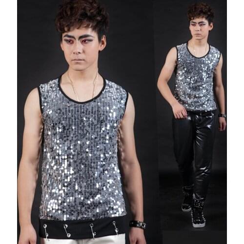 Male paillette sleeveless vest slim basic shirt DS performance wear