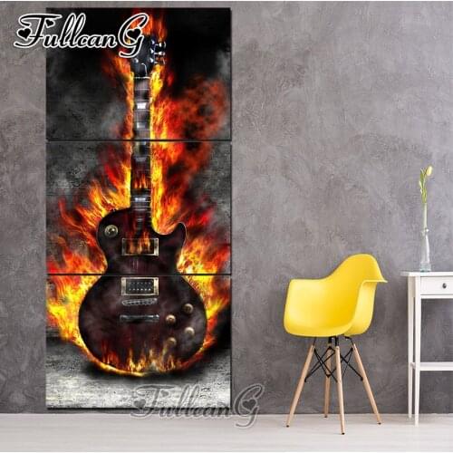 FULLCANG diy 5d diamond embroidery flame guitar music triptych painting 3pcs full square/round drill mosaic pattern decor FC643