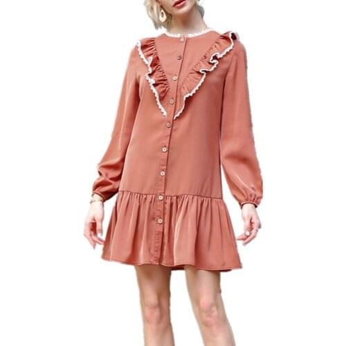 Pdfmily Brick Red Patchwork Elegant Fashion Dresses Women Autumn O-Neck Long Lantern Sleeve Single Breasted Loose Mini Dress