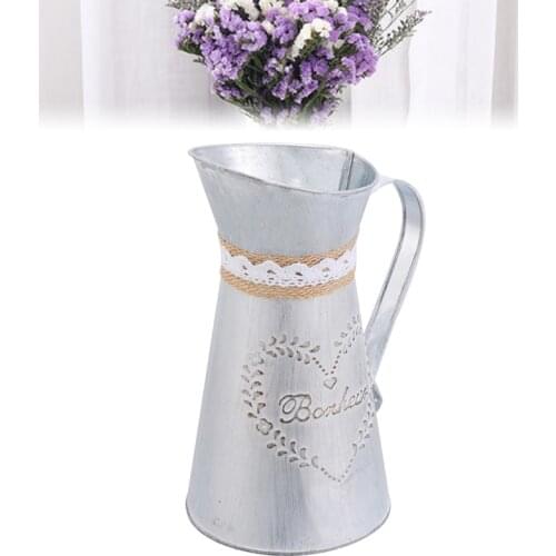 Retro Rustic Zinc Iron Flower Jug Vase Crafts Country Style Metal Grey Flower Water Pitcher Vase Home Garden Decor Craftwork