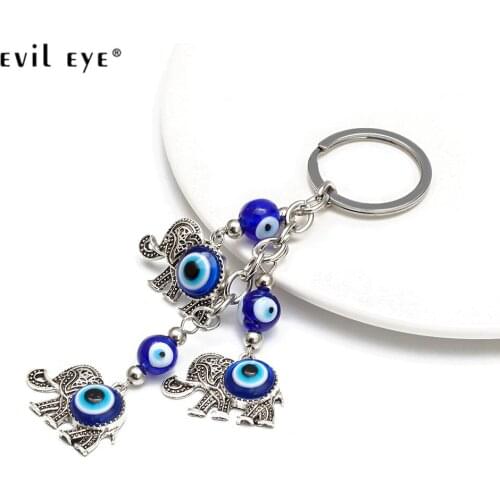 EVIL EYE Elephant Pendant Keycahin Blue Turkish Eye Charm Silver Color Key Chain Holder Fashion Jewelry for Women Men EY2675