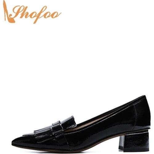 Black High Chunky Heels Loafers Pumps Pointed Toe Woman Slip On Patent Leather Big Size 12 15 Ladies Fashion Fringe Shoes Shofoo