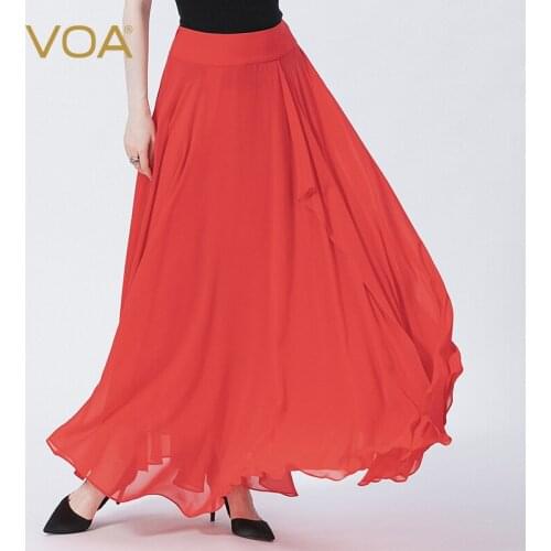 VOA Silk Georgette Red Asymmetric Design Double-layer Lined Ruffled Simple Joker A Skirt CE111 Ankle-Length Casual Office Lady