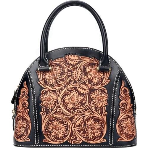 Genuine Leather Womens Bag, New Shell Bag,Real Cowhide Leather Handbag, Hand carved Luxury Designer Women Bag