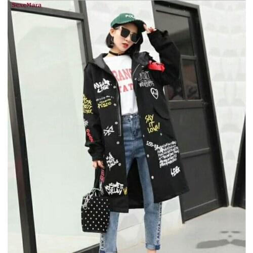 2020 Fashion Autumn And Winter New Ladies Windbreaker Long Personality Letter Printing Long-sleeved Hooded Free Shipping