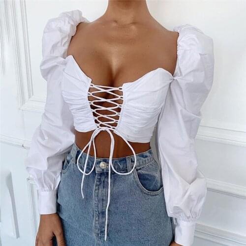 Women Ladies Puff Sleeve Strapless Short Tops White Shirts Sexy Solid Hollow Out Lace-up Blouses Women Midriff-baring Tops