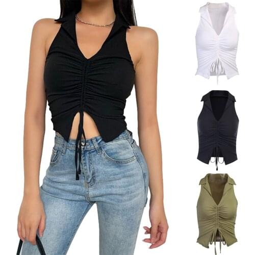 Women Summer Tank Tops, Solid Color Lapel V-Neck Sleeveless Drawstring Tight Crop Tops for Girls Black//White/Green