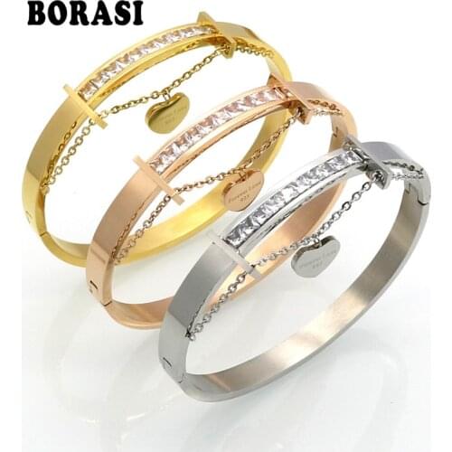 BORASI New Luxury Famous Brand Jewelry Pulseira Stainless Steel Crystal Bracelets & Bangles Female Love Heart Bracelet For Women