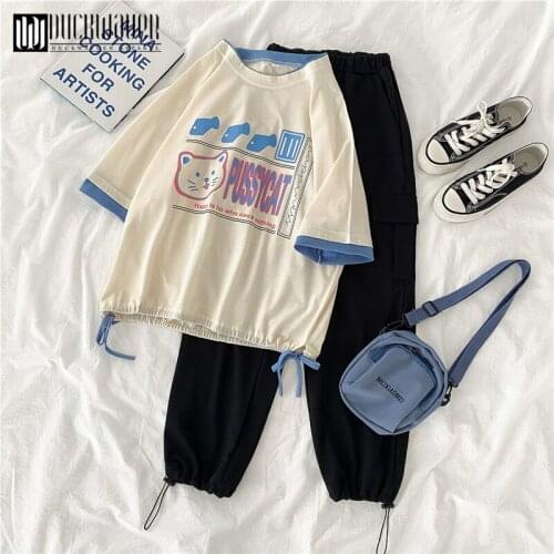 Duckwaver Brand Two Piece Suits Women Cartoon Letter Print O-Neck Tops And Elastic Waist Nine Pants Female T-Shirts Pants Sets