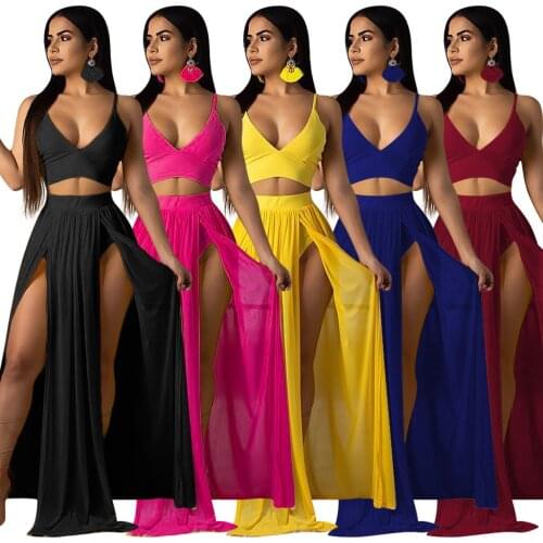 2021 Hot Women Summer Halter Top + Skirt Chiffon Beach Dress V-Neck Sleeveless 2 Pcs Set Chic Soft Comfortable Elegant