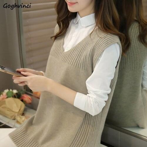 Women Sweater Vest Knitted Loose Oversized Sleeveless Simple Solid V-neck Elegant Leisure Autumn Winter Side Slit Korean Style