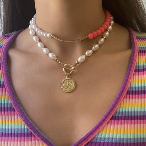 Ethnic Fashion Baroque Pearl Round Coin Pendant Necklaces for Women Vintage Geometric Bead Clavicle Necklace Colar Jewelry Gift