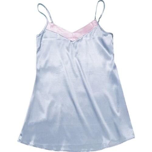 Women Summer Night Skirts Match Color Adjustable Spaghetti Strap V-Neck Sling Sleep Dress for Girls Silver Gray/Pink
