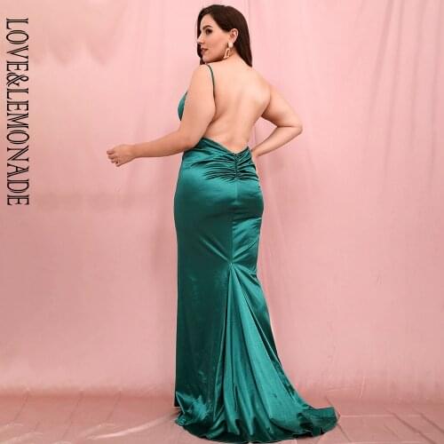 LOVE&LEMONADE PLUS SIZE Sexy Deep V-Neck Large Backless Green Reflective Elastic Fishtail Maxi Dress LM81222PLUS
