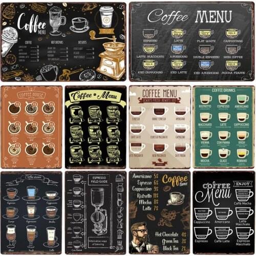 Coffee Menu Cafe Tin Sign Vintage Metal Plaque Art Decorative Painting Coffee Corner Pin Up Poster Kitchen Restaurant Decor
