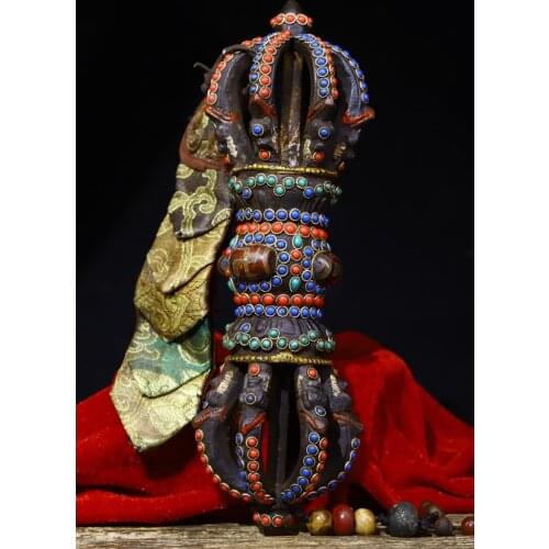 10" Tibet Buddhism Temple Old bronze mosaic Gem Dzi Bead Old magic weapon Dorje Vajra Phurba Dagger Holder Pendant