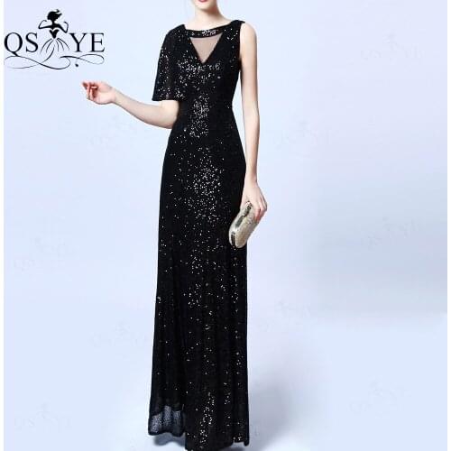Bat Sleeves Black Evening Dresses One Shoulder Sequin Mermaid Prom Gown Elegant Scoop Neck Glitter Formal Party Dress Vestido