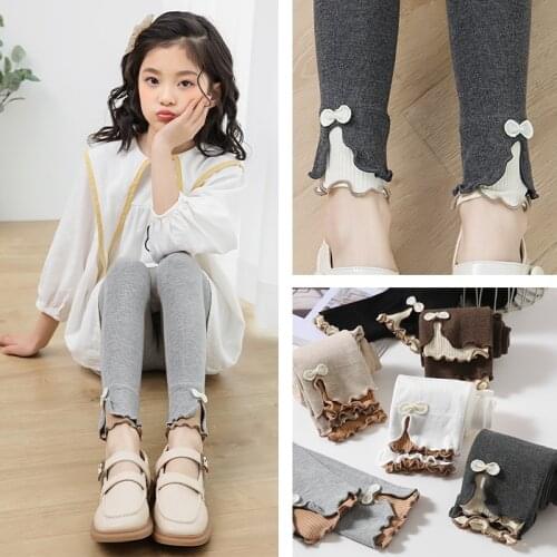 Children girls side bowknot double layer fungus side cropped trousers spring autumn cotton princess leggings колготки детские