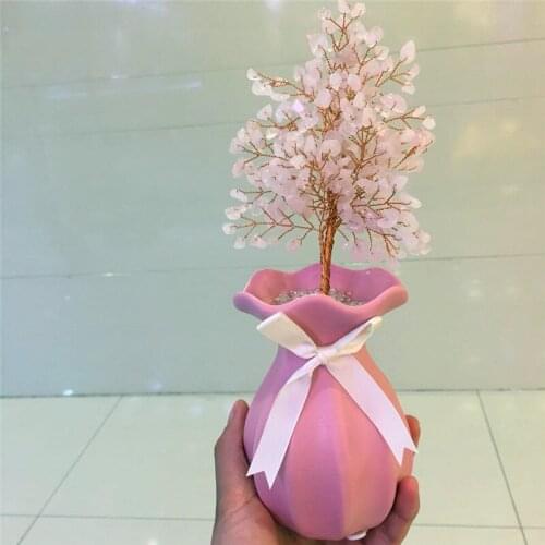 Home decoraton natural rose quartz gemstone crystal lucky tree reike healing clear rock gemstone with beautiful bottle feng shui