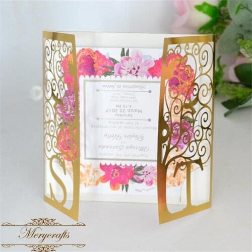 Custom initials laser cut luxury wedding metallic gold invitation card